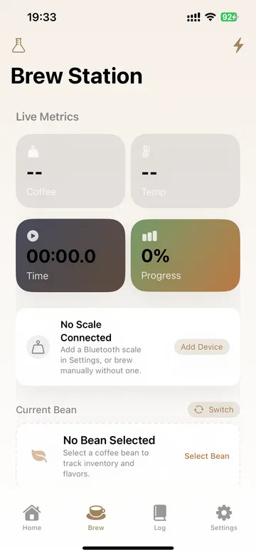 BrewTinker guided brewing screen with live brewing controls